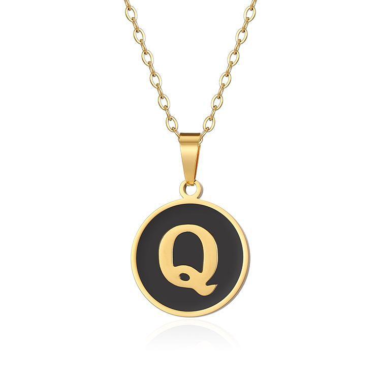 English letter oiled necklace, European and American trend titanium steel chain, round gold letter pendant collarbone chain