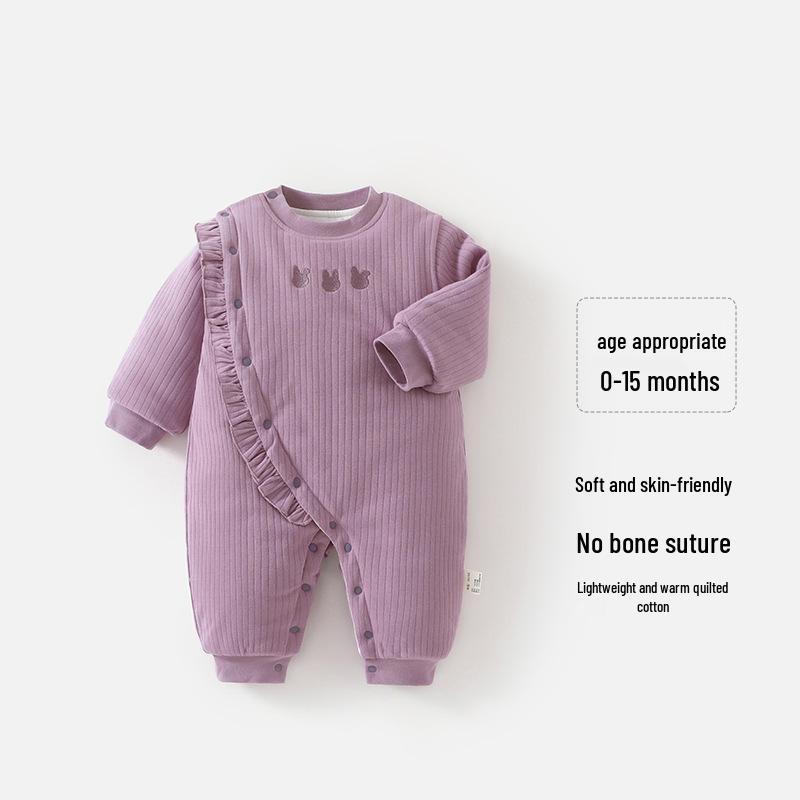 Newborn Baby Girl Quilted Winter Jumpsuit – Thickened Cotton Solid Color Romper 66CM