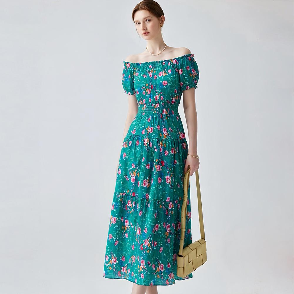 Bohemian Cotton-Silk Floral Printted Off-the-Shoulder French-Style Summer Dress for Women Ethnic-Style Elastic Waistband Pleayed Long Dress