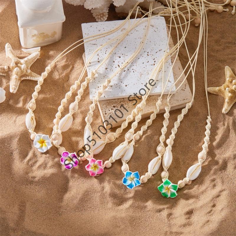 X6HE Handmade Floral Shell Necklace Lightweight Clay Beads Summer Beach Jewelry Piece For Everyday Wear