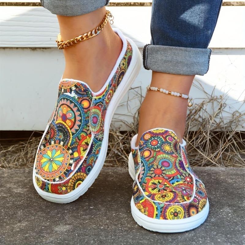 Women's Colorful Mandala Slip-On Loafers - Lightweight, Comfortable Fabric Upper, Vibrant Round Toe Shoes for All-Day Wear