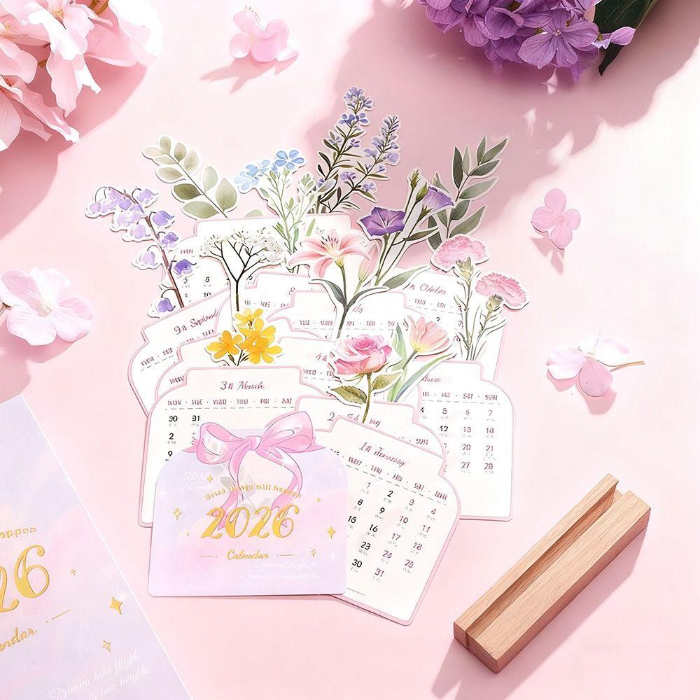 Vase Shaped Bloomy Flowers Desk Calendar Wooden Base Standing Calendar  for Table Desk Decor