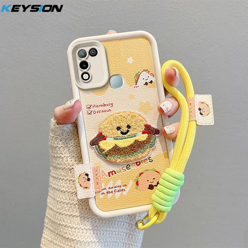 KEYSION Cartoon Cute Plush Embroidery Case for Infinix Hot 11 Play with Lanyard PU Leather Shockproof Phone Cover for Infinix Hot 10 9 Play