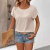 Summer Back Lace Splicing Short Sleeved T-shirt O Neck Loose Office Blouse Women Sweet Hollow Out Solid Color Tops Female Elegant Simple Shirts