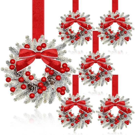 6 Pcs 6 Inch Christmas Mini Cabinet Wreaths Small Artificial Cedar Wreath with Ribbon Bow Pinecone Berry for Front Door Window Farmhouse Home