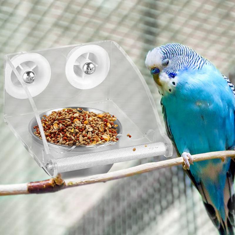 Bird Feeder For Cage Parrot Stainless Steel Bowl Waterproof Transparent Bird Feeder With Perch For Budgies Cockatiel Finches