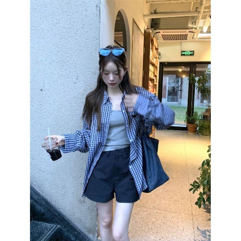 

Kumikumi Idle Style Contrast Color Check Long Sleeves Shirt Women s Clothing Autumn Leisure Loose Mid Length Long Length Blue grid shirt One size