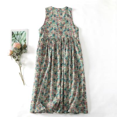 Small Floral V-neck Sleeveless Printed Cotton and Linen Dress for Women To Wear Versatile Girlish Floral Vest Skirt