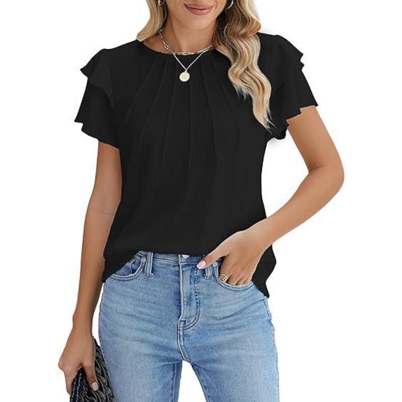 Women's Formal Casual Summer Pleated Short Sleeved Round Neck Top Business Work Shirt