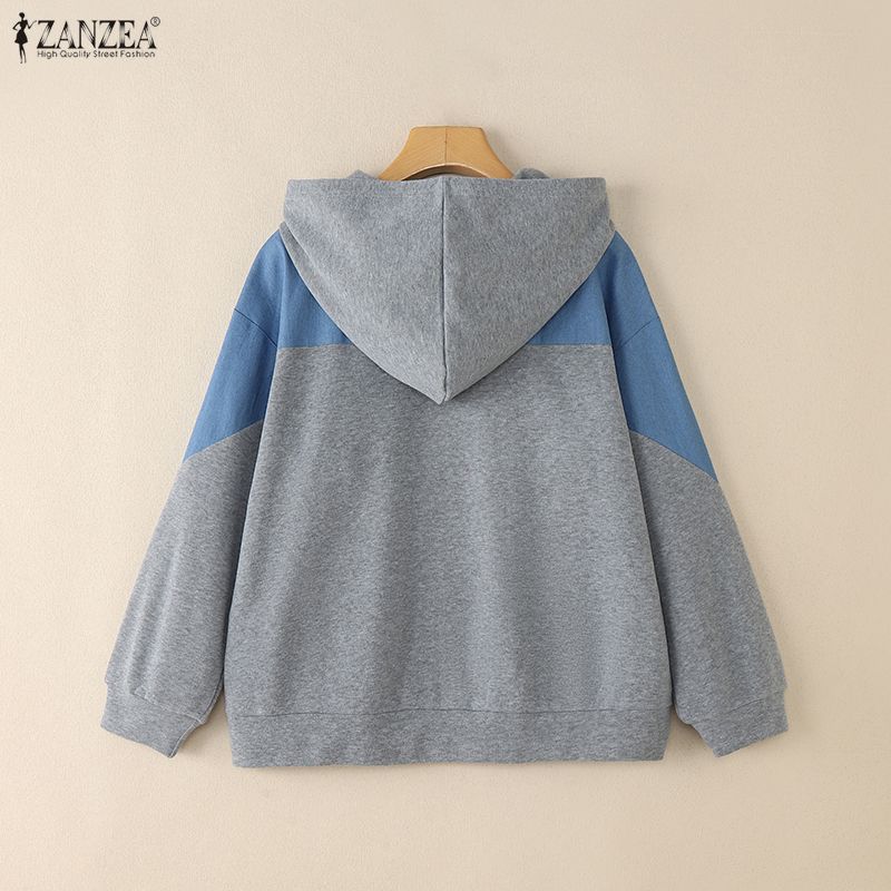 ZANZEA Women Casual Hoodies Long Sleeve Patchwork Zipper Sweatshirt Outwaear
