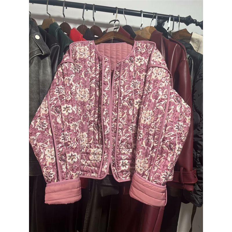 

European and American Print Cotton-padded jacket Cotton Coat Jacket Women Autumn Winter Jacket Coat Women Pink S