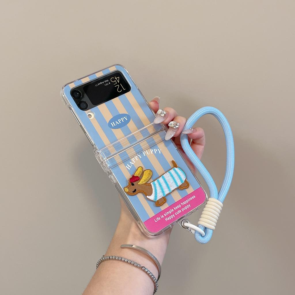 Nové skládací pouzdro na telefon s vyšívaným kresleným motivem jezevčíka pro Galaxy Z Flip 3 4 5 6 roztomilé pouzdro na telefon pro dívky