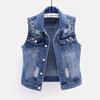 Women Denim Vest Pearls Fashion Spring Autumn Jeans Jacket Sleeveless Loose Short Coat Waistcoats Streetwear Female