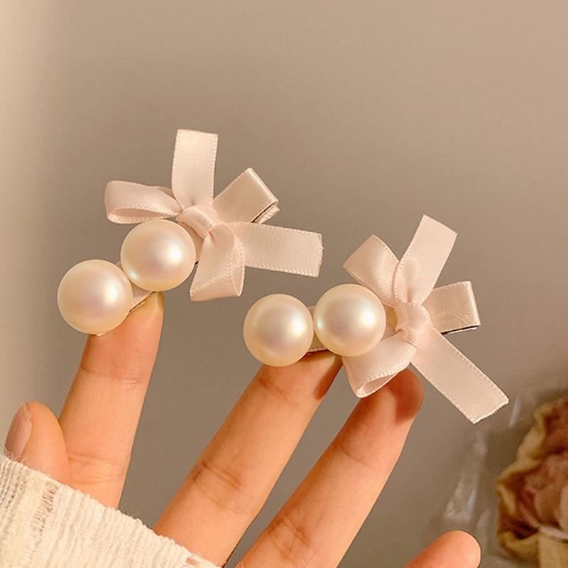2Pcs Korean Style Exquisite Pink Bow Pearl Hairpins  Temperament Duckbill Clip Bangs Clip For Women Girl Elegant Headwear