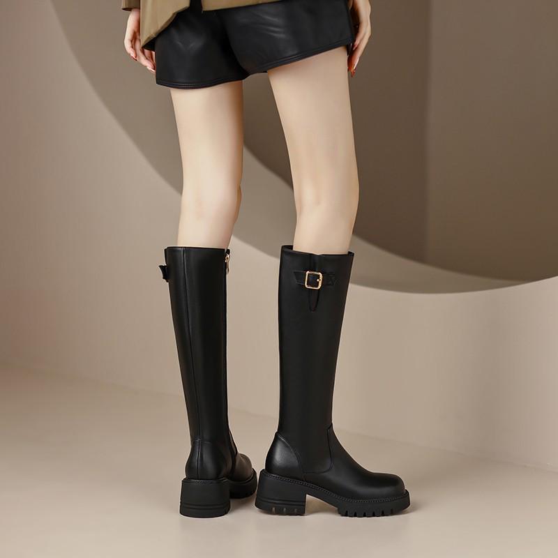 British Style High Tube Women's Knight Boots with Side Zipper, Round Toe, Chunky High Heels – 2025 Autumn/Winter Collection.