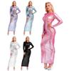 Damen Durchsichtiges Metallischer Glanz Langarm Durchsichtiges Maxikleid für Nachtclub Rave Party Sexy Clubwear
