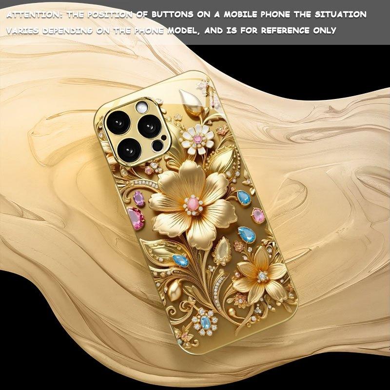 Luxurious Embossed Gold Floral Electroplated Tempered Glass Phone Case Suitable for iPhone 17 16 15 14 13 12 11
