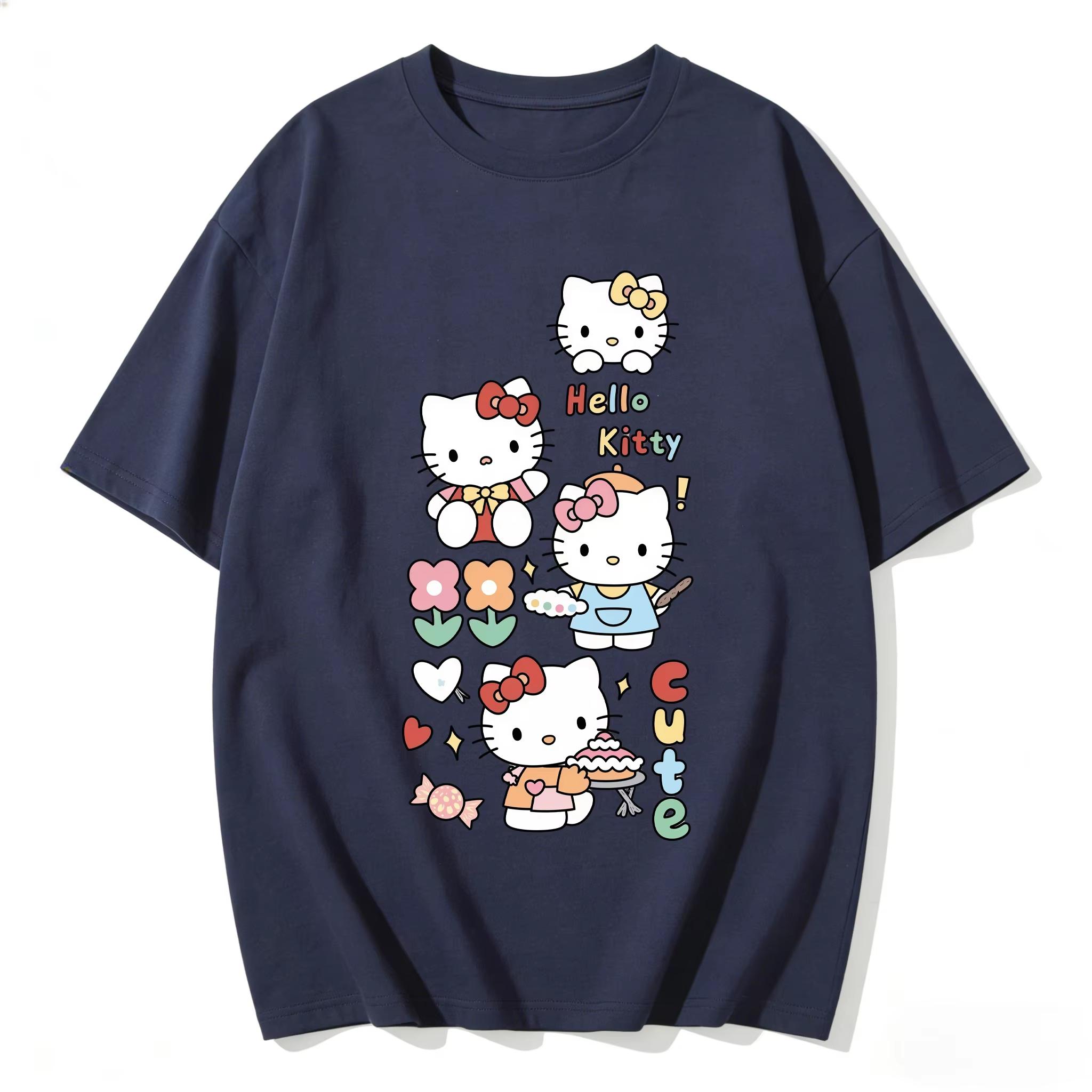 

2026 Hello Kitty Cartoon Printed Short Sleeve Summer Comfortable summer Womens Tshirt loose and fashionable S