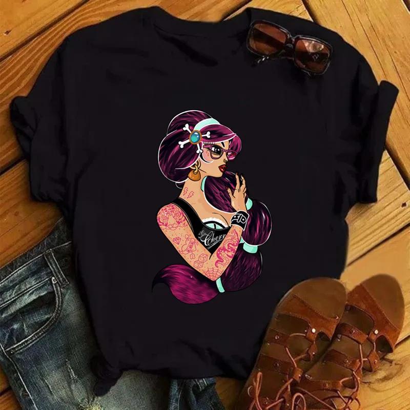Cartoon Punk Princess Print T Shirt Women Black 90s Cute Tshirt Funny Streetwear Graphic Tshirt Aesthetic FeUnisex Clothes S