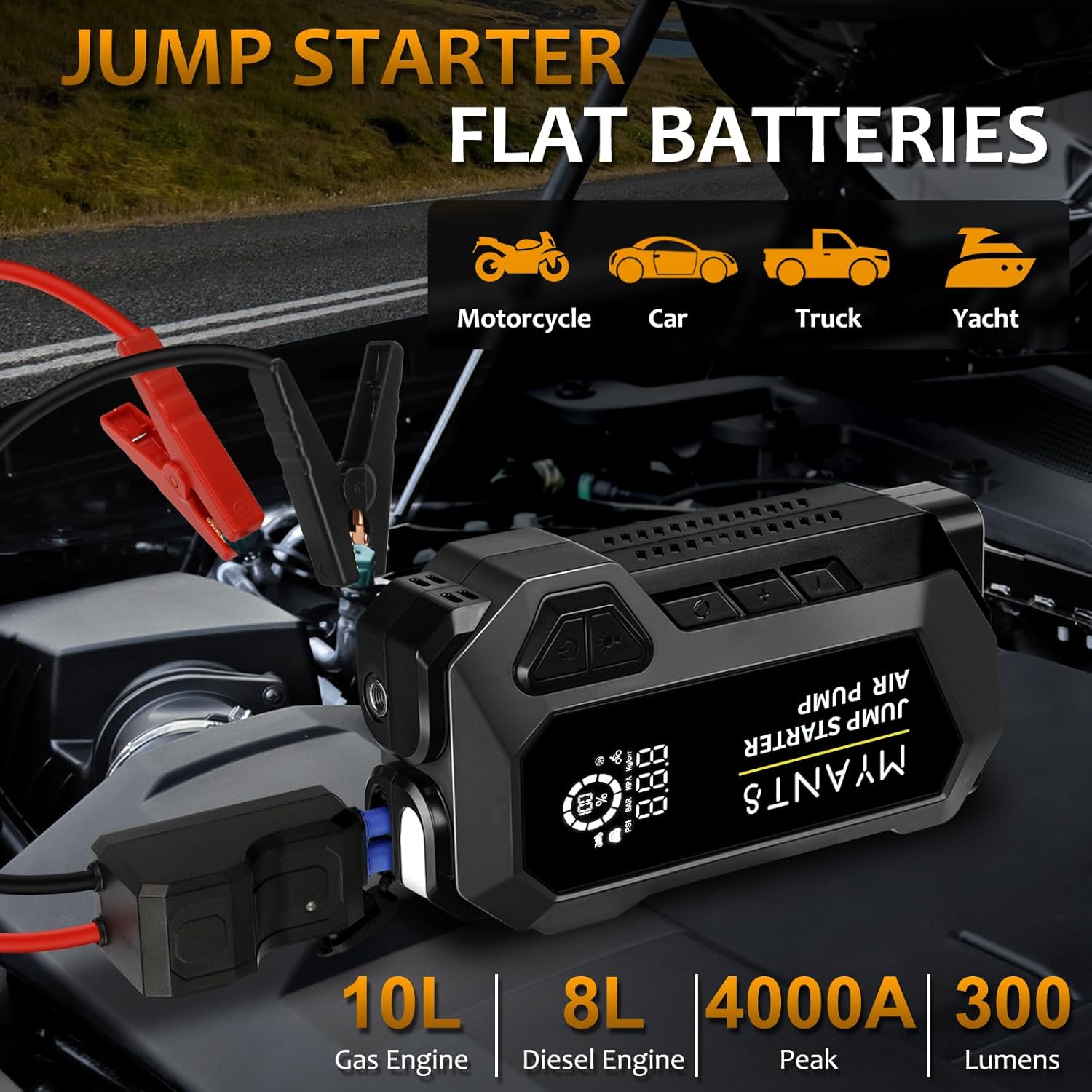 

4000A Jump Starter with Air Compressor, 12V Portable Car Battery Charger, LED Light & Quick-Charge for Gas Engines up to 10L United States