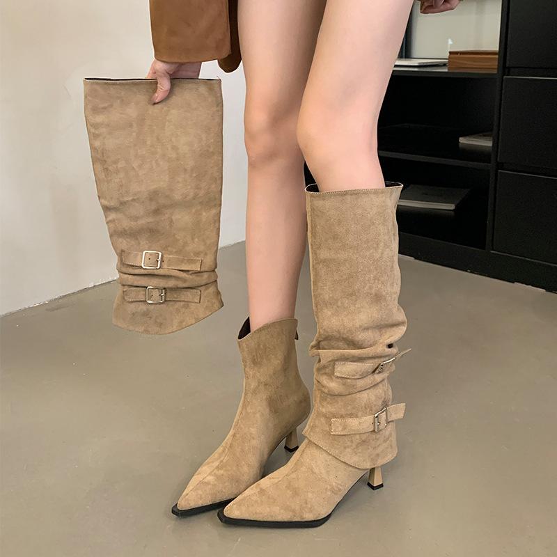 Mi Ting 2025 new two-wear pointed-toed thin-heeled high boots women's suede folds piled up boots but knee belt buckle