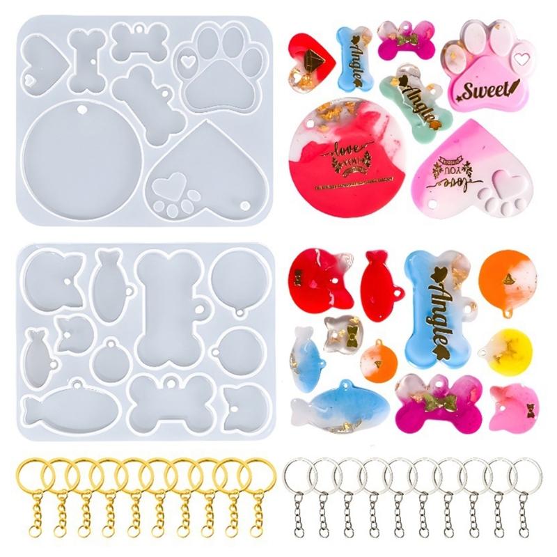 Dog Bone Shaped Tag Molds for Resin,Cat-Tag Keychain Silicone Resin Molds with Key-Rings for DIY Crafts Jewelry Making