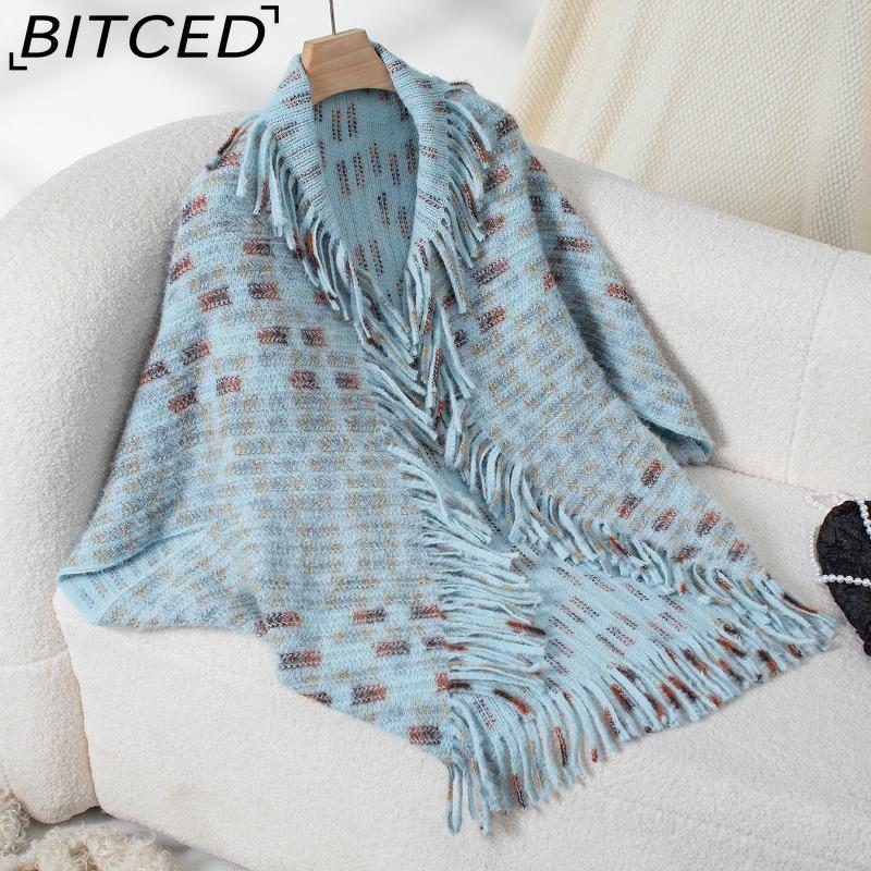 BITCED Colorful Plaid Knit Fringe Shawl Women's Fall/Winter Casual Oversized Sweater Cape