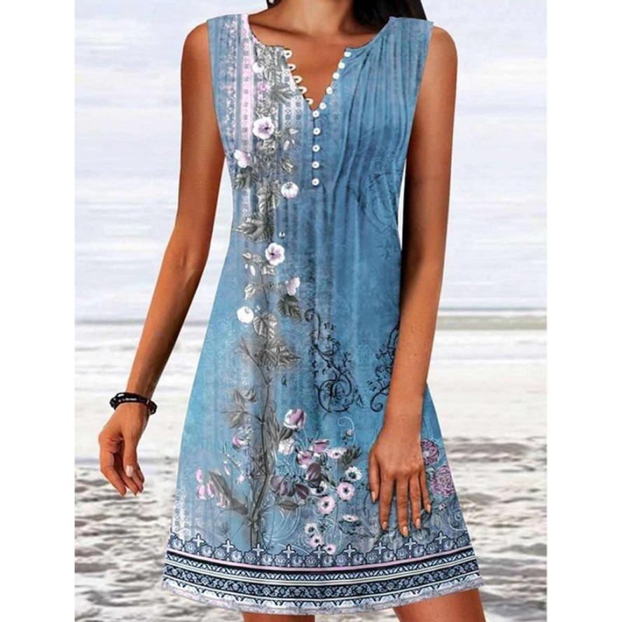 

YYFS Женская мода Лето Весна Цветочный узор Принт Без рукавов V-образный вырез Свободная талия Повседневные платья XXXL