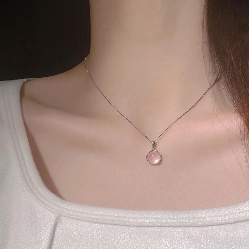 Pink White Chalcedony Round Pendant Necklace, Elegant Gemstone Jewelry For Women Fashion Daily Wear Gift