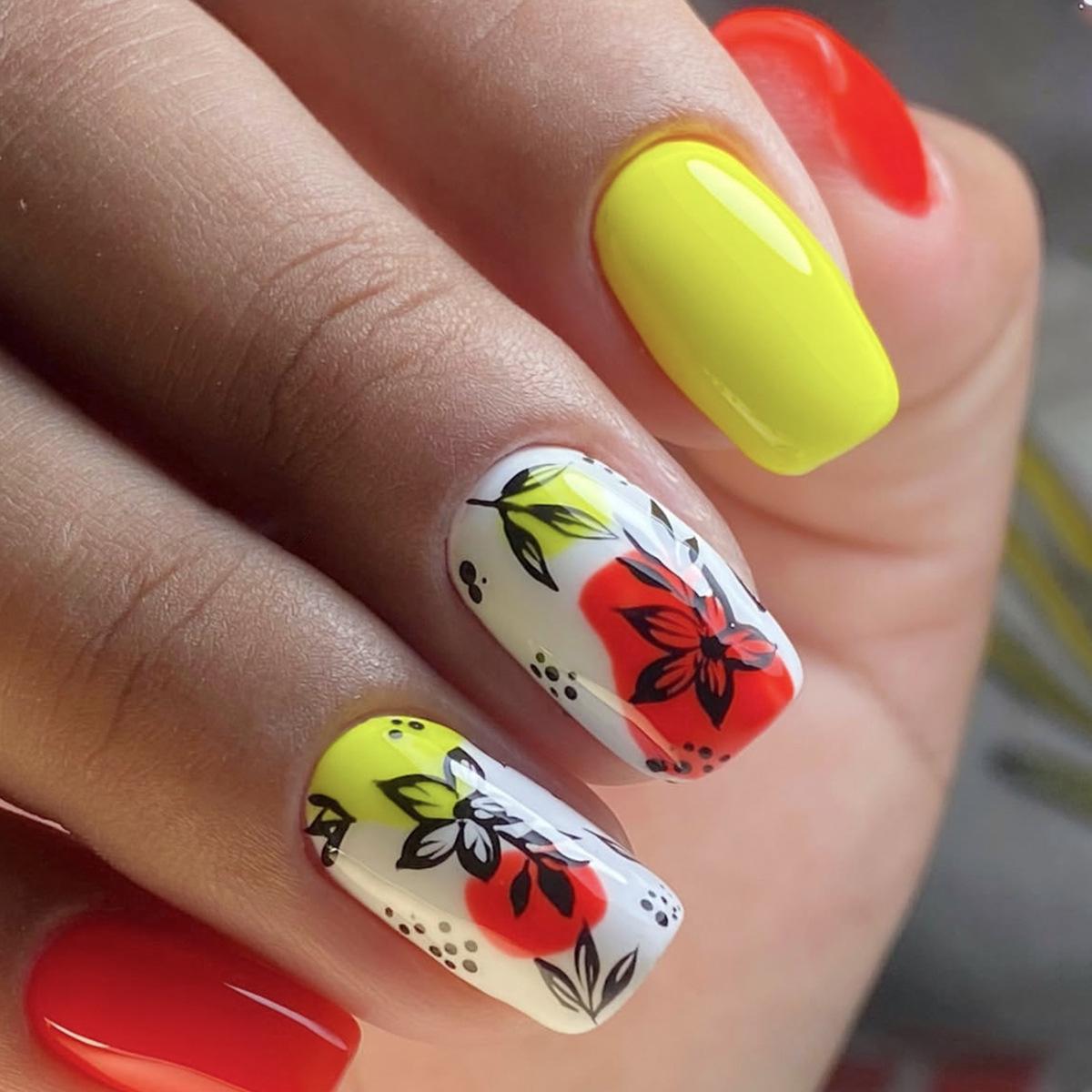 

Spring/Summer Fresh Orange, Red & Yellow Print Removable Wearable False Nails