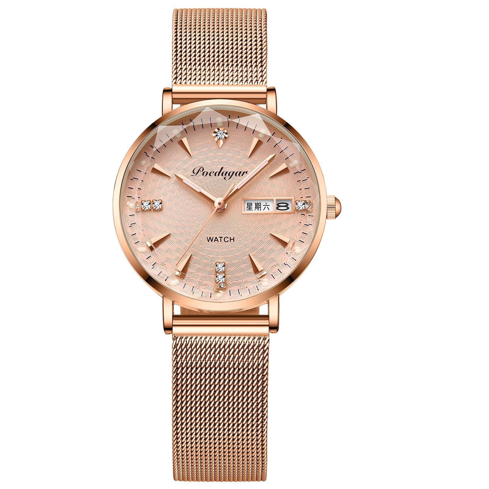 

POEDAGAR National Top Swiss Brand Women Watch Waterproof Luminous Double Calendar Ultra Thin Quartz Watch P312Rose gold mesh strap