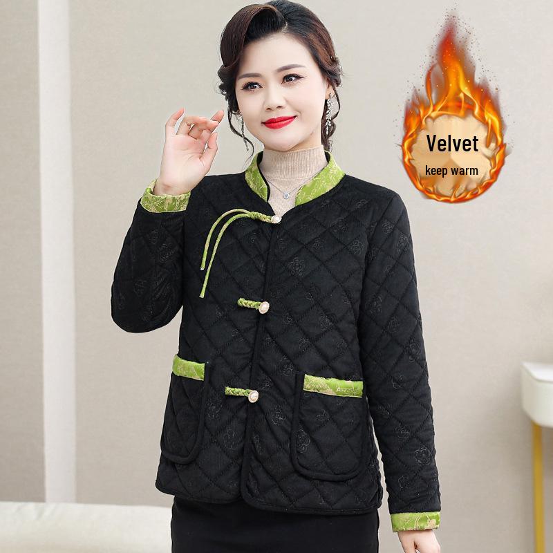

Chinese Style Mama Winter Cotton Jacket with Frog Buttons - Lightweight, Plus Velvet, Retro, Warm, and Fashionable Outerwear 5XL (recommended for 73-83 kg) чорний