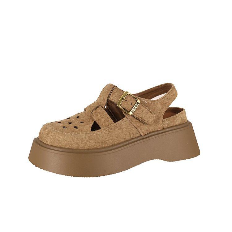 

Мягкая кожа плетеная сумка голова Бокен дырочные туфли для женского лета новая толстая подошва увеличивающая рост сандалии с пряжкой на одном слове для женщин 40 коричневый