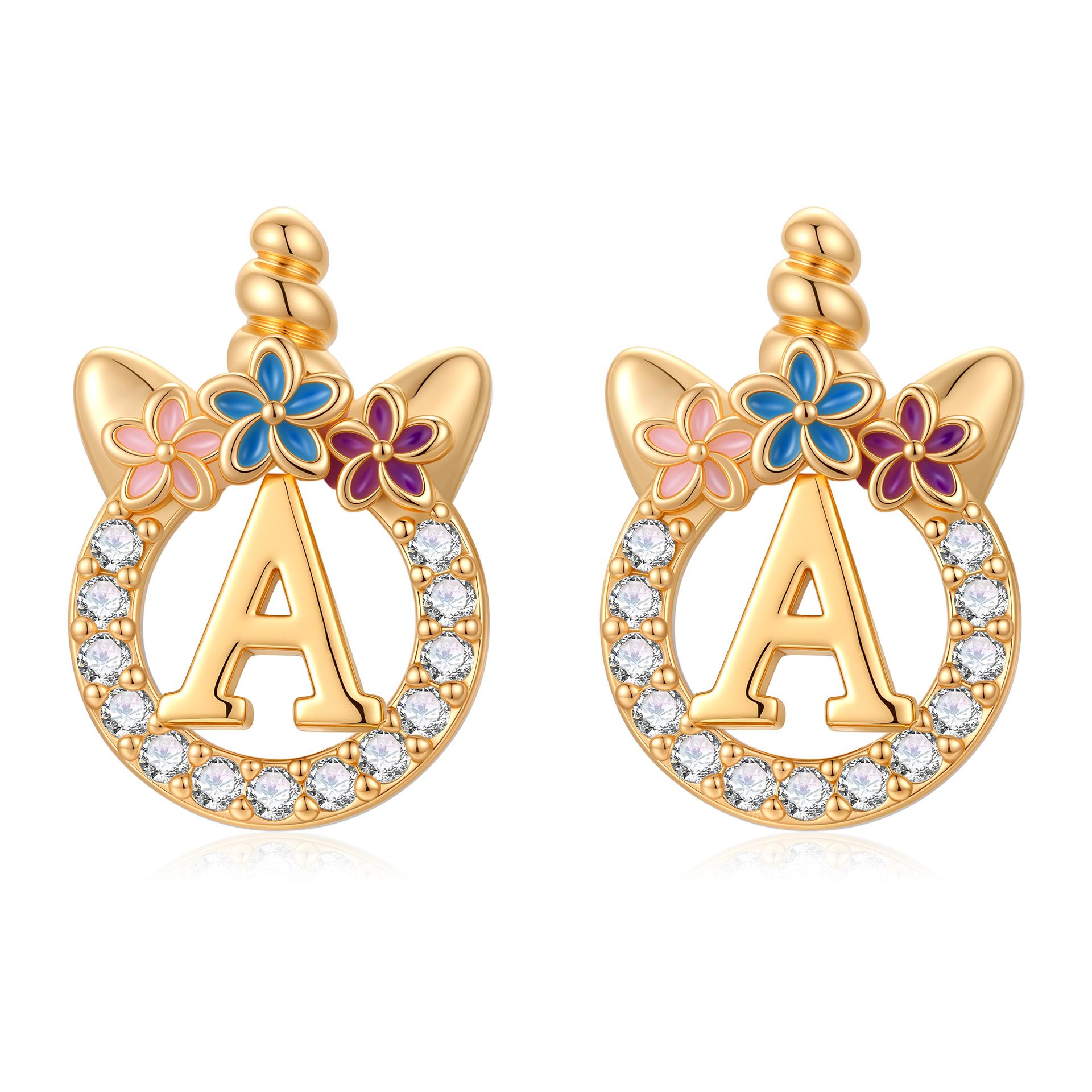 Women s Earrings with Geometric English Letters Unicorn Design, and Zircon Setting SF1011 SF1011-A