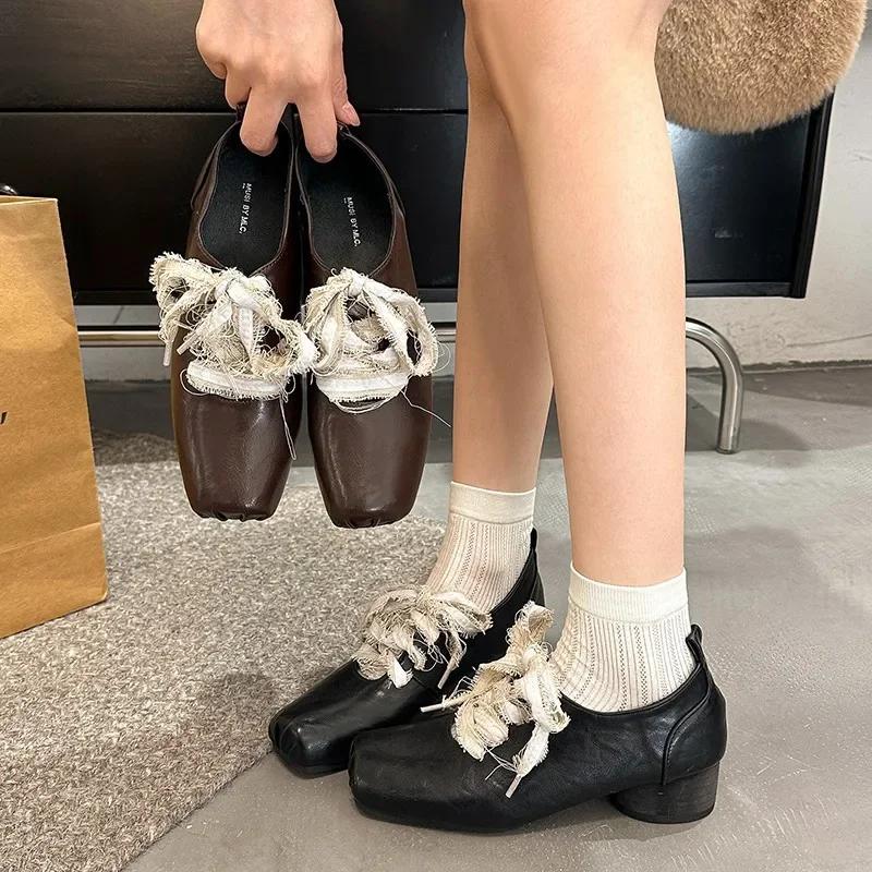 Fashion French Vintage Mary Jane Shoes Women's Spring 2025 Fashion Large Size British Style Square Head Knot Tied Single Shoes