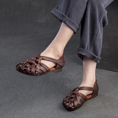 GKTINOO 2025 Sommer Neue Retro Echtleder Gewebte Sandalen mit niedrigem Absatz Lässig Vielseitig Atmungsaktiv Damenschuhe