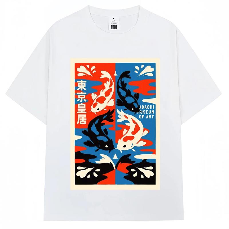 Japanese Style Koi Harajuku Illustration Pattern T Shirt Men Women Vintage Fashion T-shirts Oversized Cotton T-shirt Streetwear