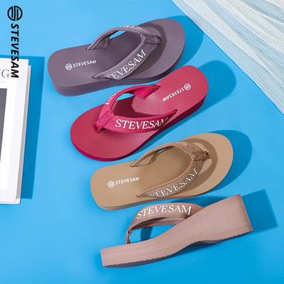Damen 6 cm Dicke Sohle Keil Zehensandalen - Sommer Rutschfeste High Heel Zehenstegsandalen mit Komfortablem Gewebtem Riemen.