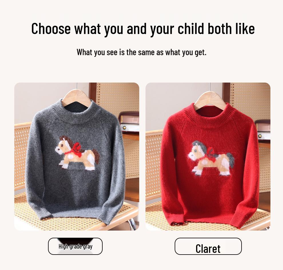 Unisex Children's Wool Knit New Year Sweater - Thick Cartoon Baby Pullover Base Layer