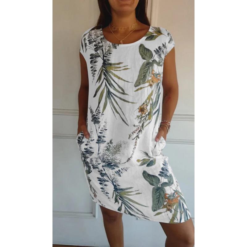 Women s clothing, new European and American summer cotton and linen crew neck printed dress with pockets S