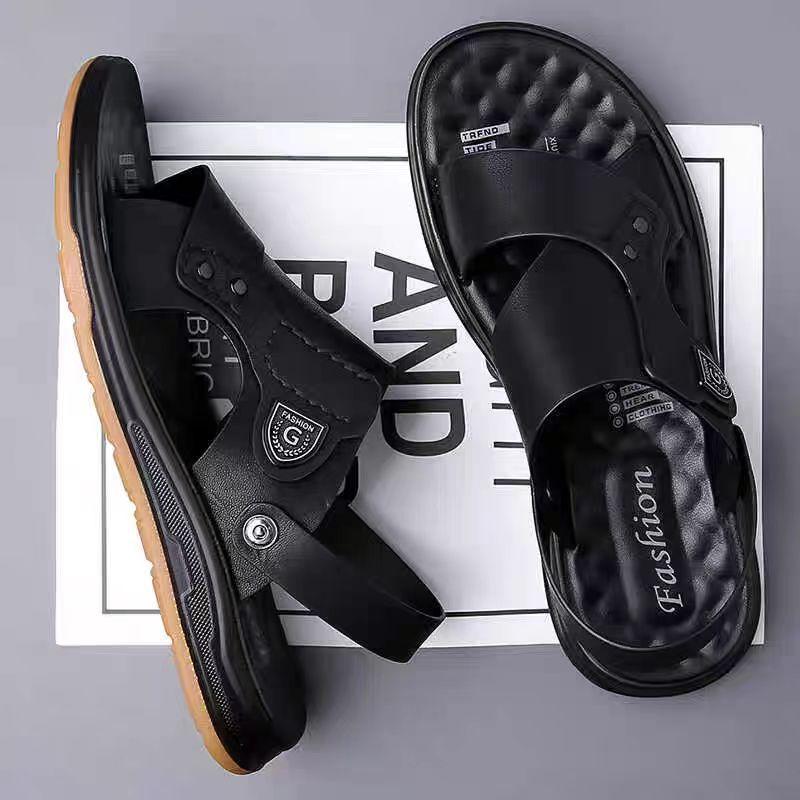 

Мужские сандалии 2025 года, летние, натуральная кожа, повседневная пляжная обувь, нескользящие, внешние, двойного назначения, классные тапочки для мужчин 44