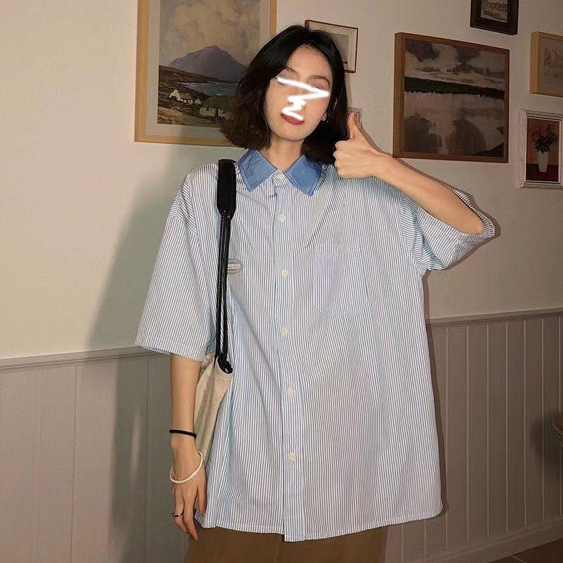 

Женская рубашка с лацканами в стиле колор-блок, полосатая, с коротким рукавом, женский кардиган, летняя тонкая свободная женская блузка XXL синий