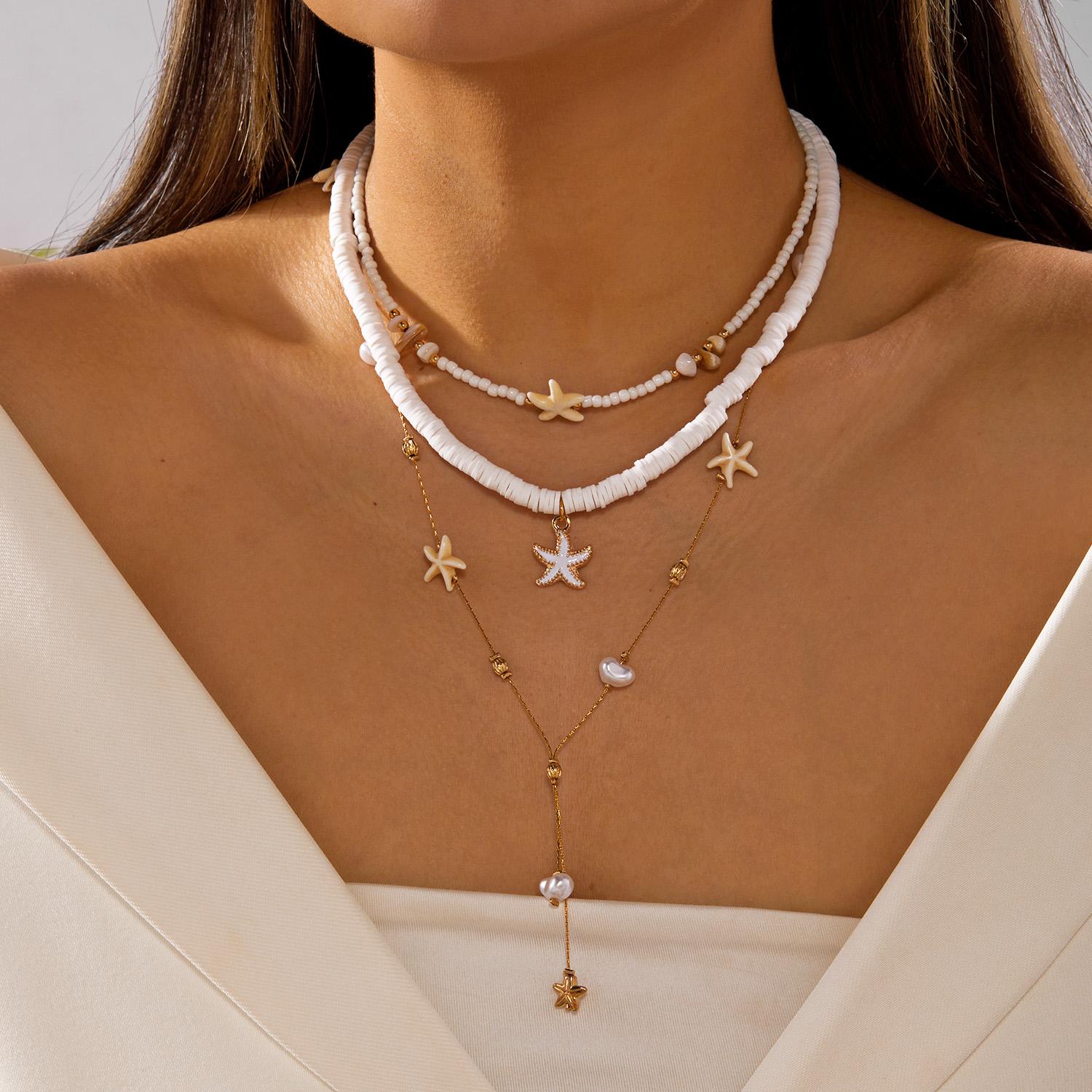 

Boho Irregular Imitation Pearl Heishi Beads Choker Necklace for Women Multilayer Starfish Shell Pendant Chain Party Jewelry Gift