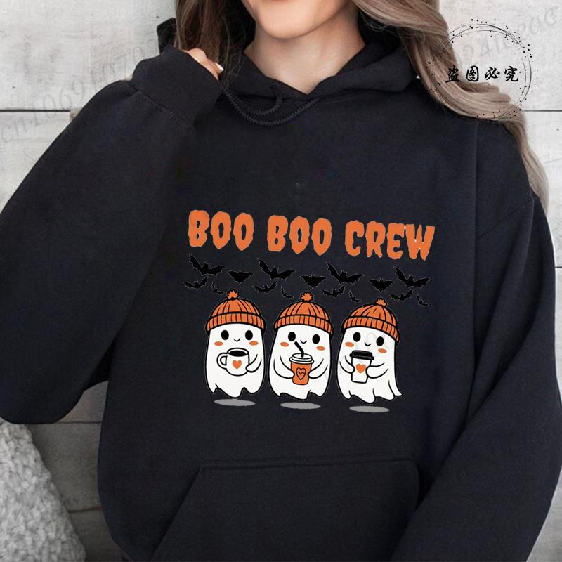 Boo Boo Crew Ghost Prints Halloween Hoodies Women Winter Fleece Warm Hoodies Crewneck Loose Pullovers Casual Soft Sweatshirts