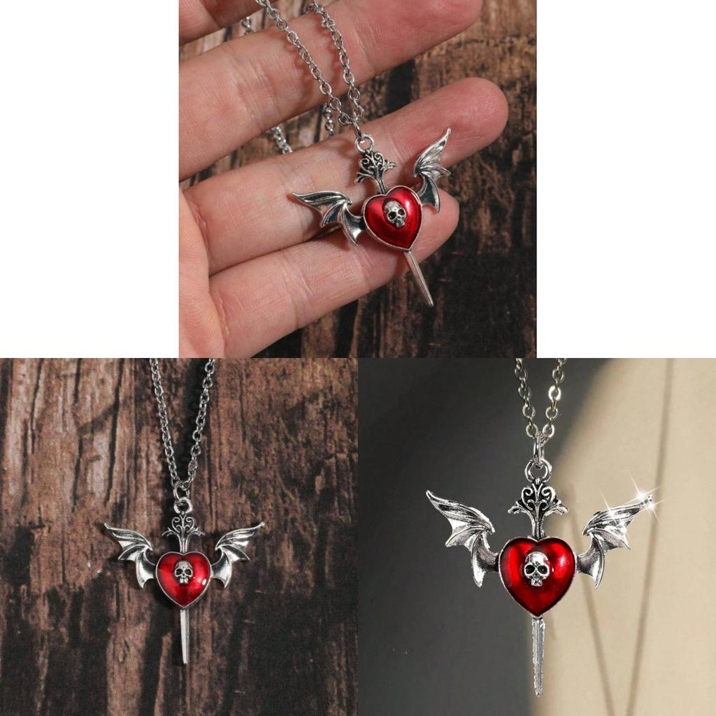 Dark Gothic Red Heart Wings Skeleton Alloy Necklace With Cross Chain For Women