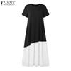 ZANZEA Women Casual Round Neck Short Sleeve Print Ruffled Patchwork Dress