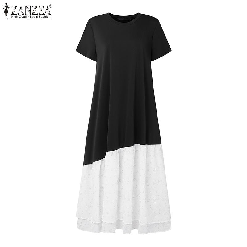ZANZEA Women Casual Round Neck Short Sleeve Print Ruffled Patchwork Dress