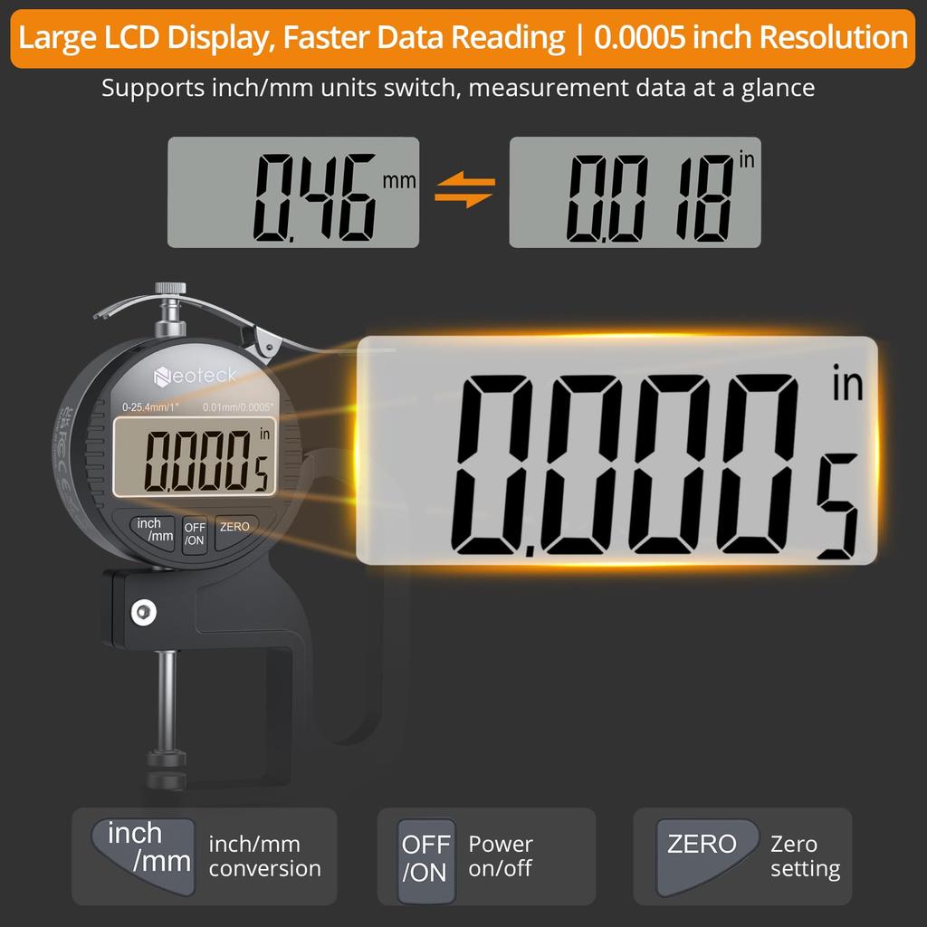 Neoteck Digital Tykkelse Måling Aluminiumlegering Stor LCD Tykkelsesmåler Måler, Konstruksjon, 0,01 mm Nøyaktighet, 0-25,4 mm Område, Display,