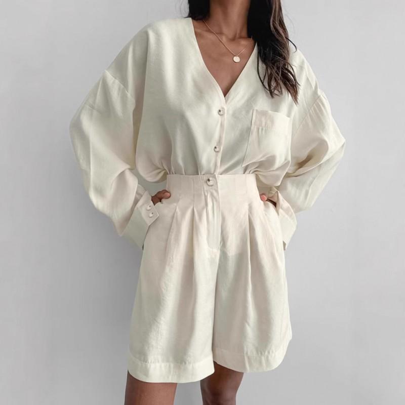 Womens 2025 Fall Solid Color V-Neck Shirt Shorts 2-Piece Set Casual Office Workwear
