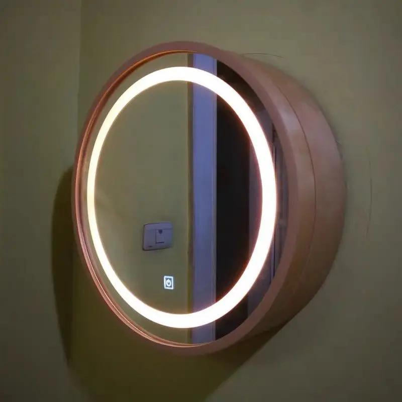 Wall-mounted solid wood oval LED smart bathroom mirror storage box cabinet bathroom toilet wall-mounted round mirror with light